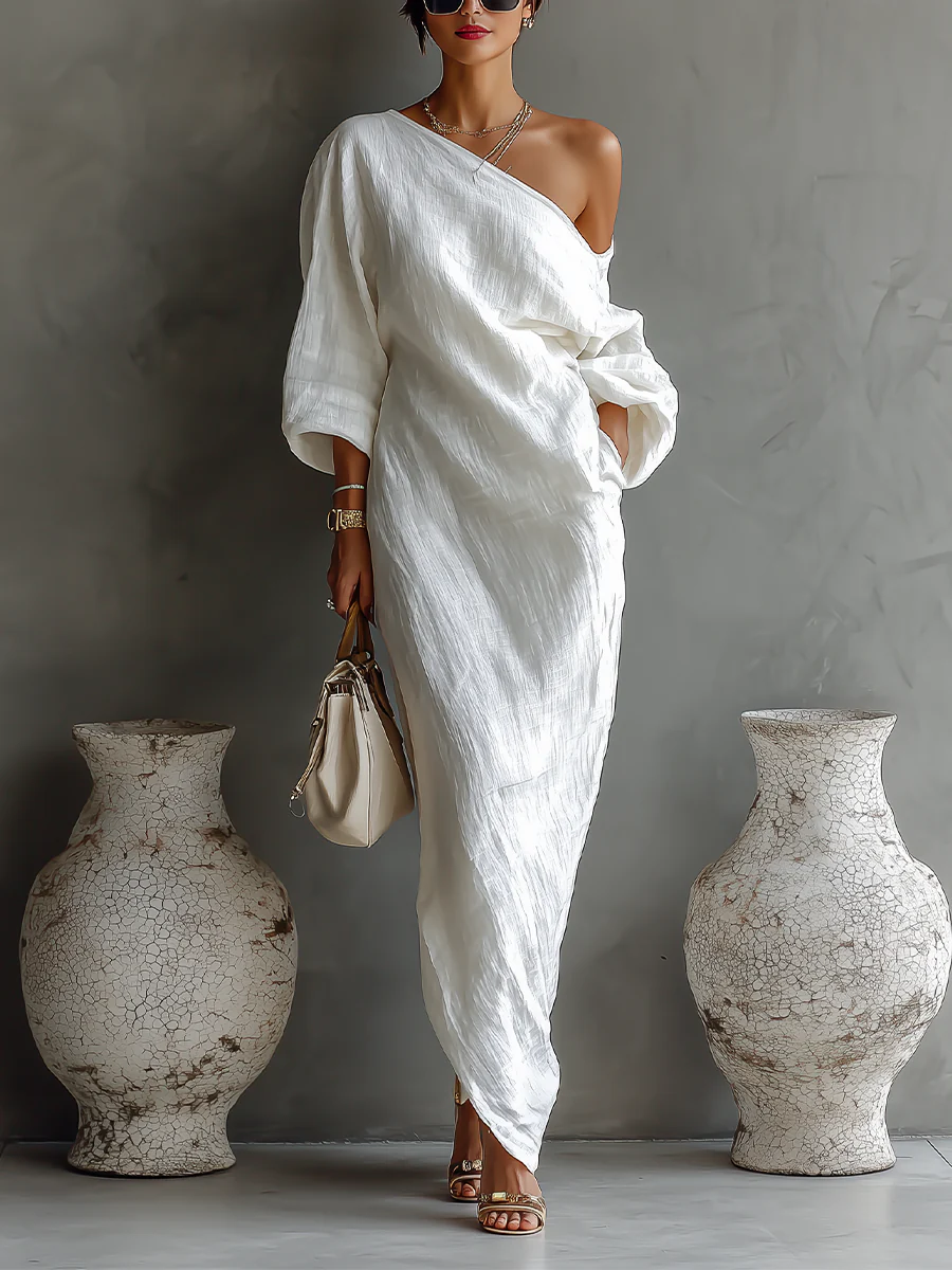 Sylvdra | Dame Maxi Kjole Ét Skulder Langærmet - White - Image 1