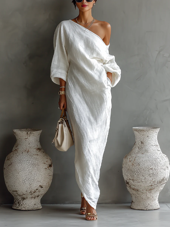 Sylvdra | Dame Maxi Kjole Ét Skulder Langærmet - White - Image 1