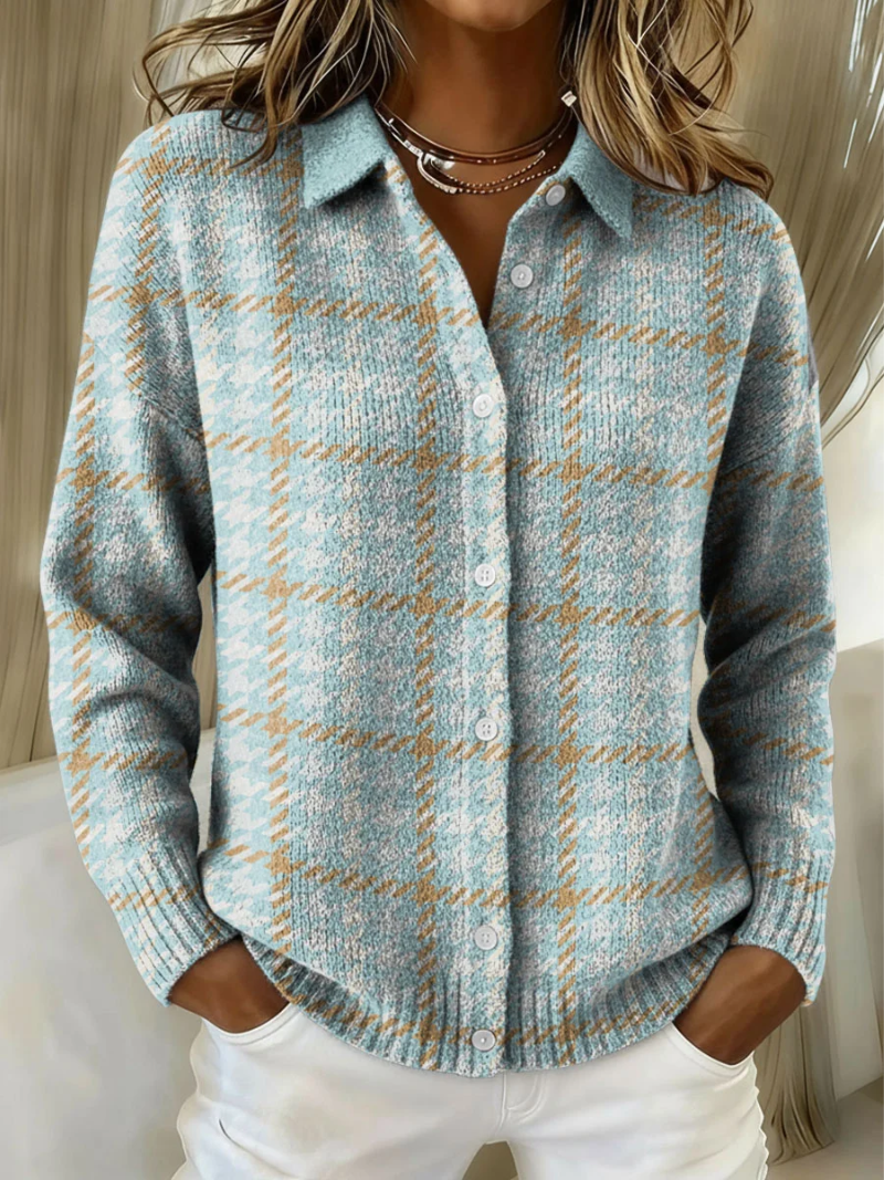 Thelvind | Dame Strikket Ternet Cardigan - Light Blue - Image 1