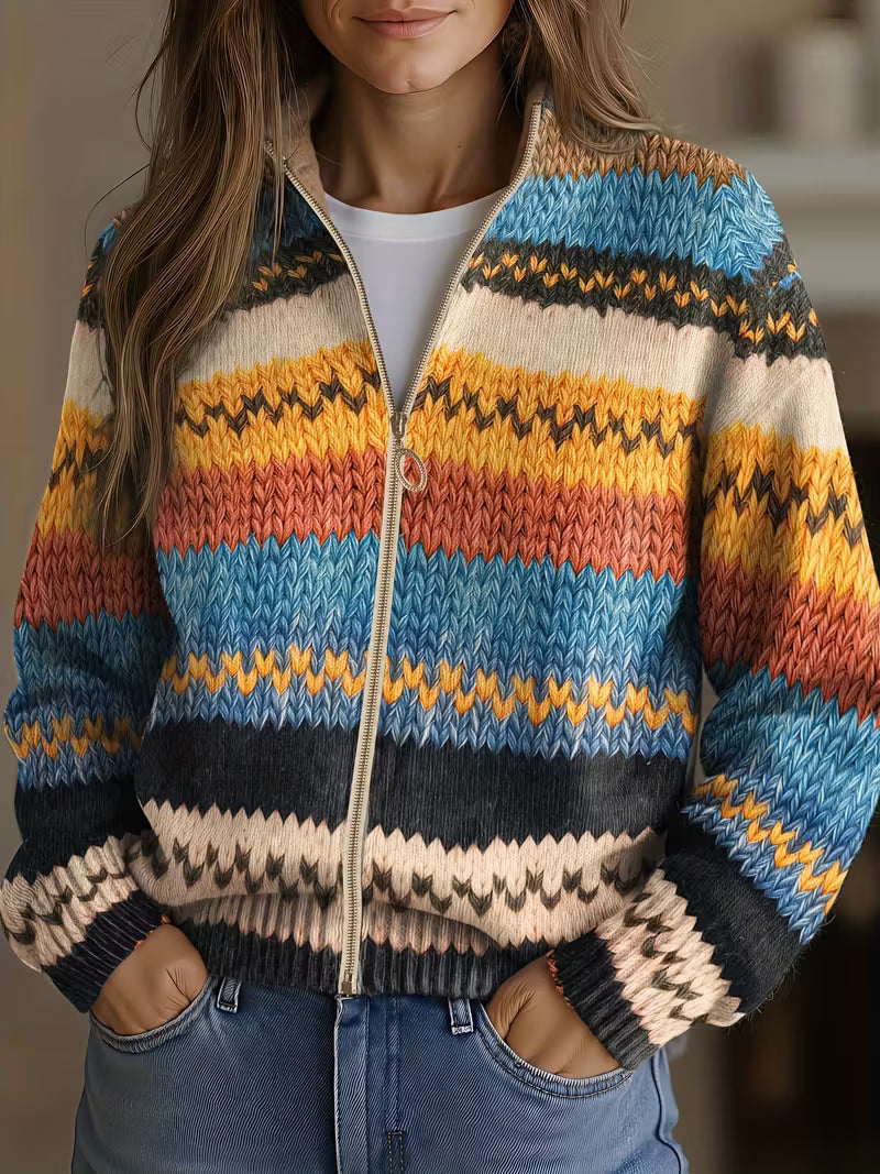 Thessan | Women's Striped Zip-Up Knit Cardigan - Image 1