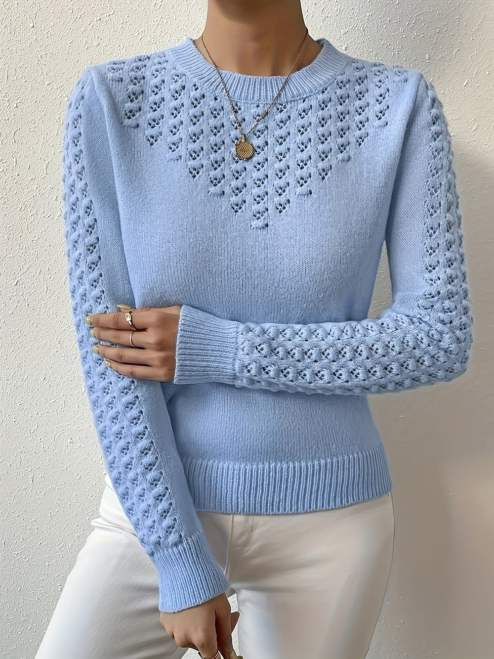 Thordina | Dame Strik Trøje med Pointelle Detalje - Light Blue - Image 2