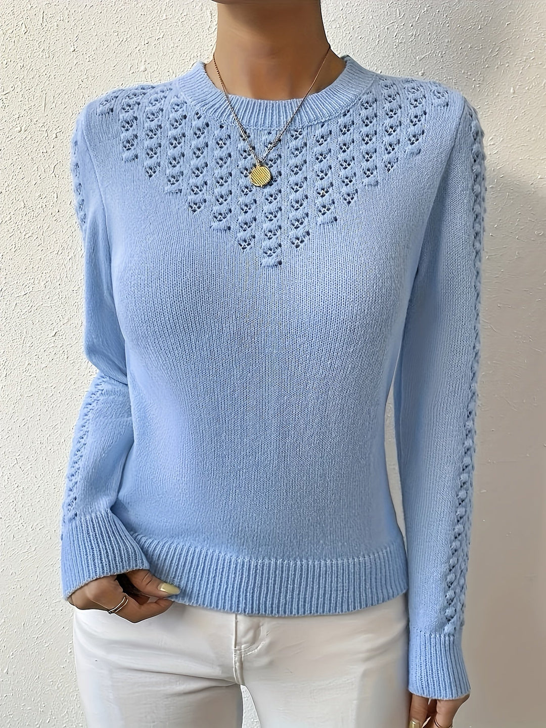 Thordina | Dame Strik Trøje med Pointelle Detalje - Light Blue - Image 4