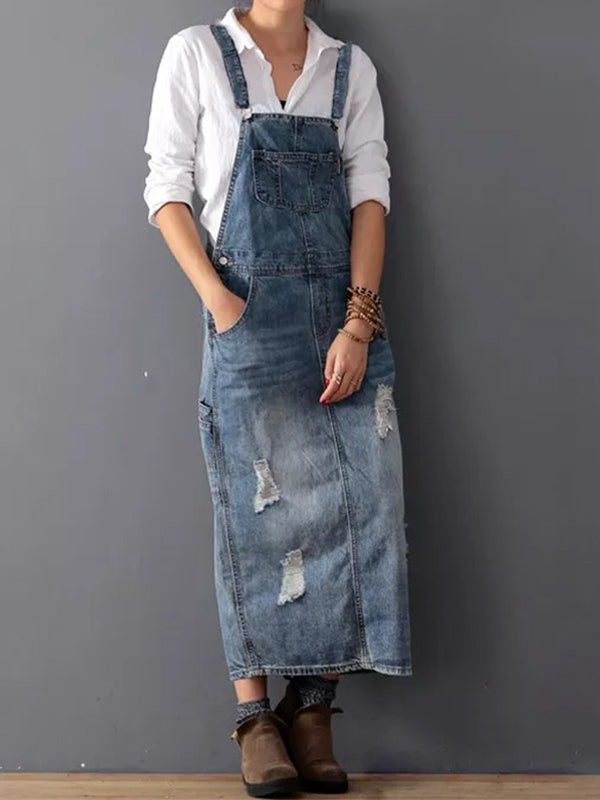 Thordvela | Dame Latzkleid Jeans Maxi Distressed - Blue - Image 1