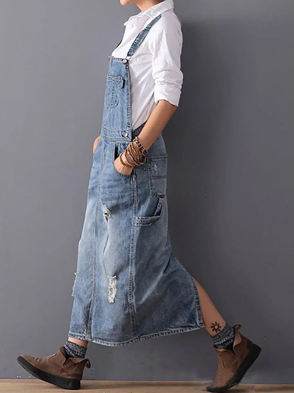 Thordvela | Dame Latzkleid Jeans Maxi Distressed - Blue - Image 2