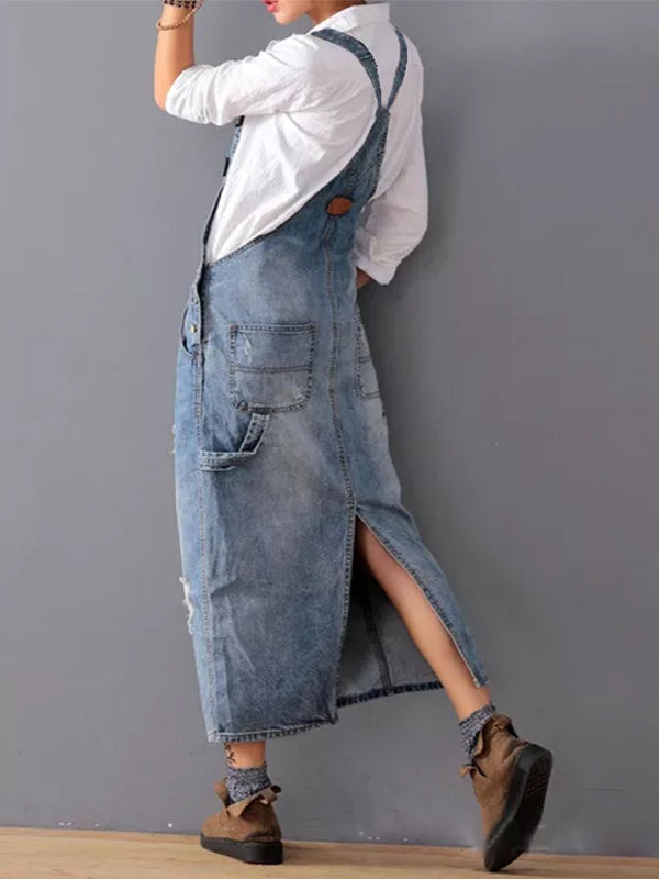 Thordvela | Dame Latzkleid Jeans Maxi Distressed - Blue - Image 3