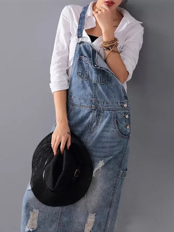 Thordvela | Dame Latzkleid Jeans Maxi Distressed - Blue - Image 4