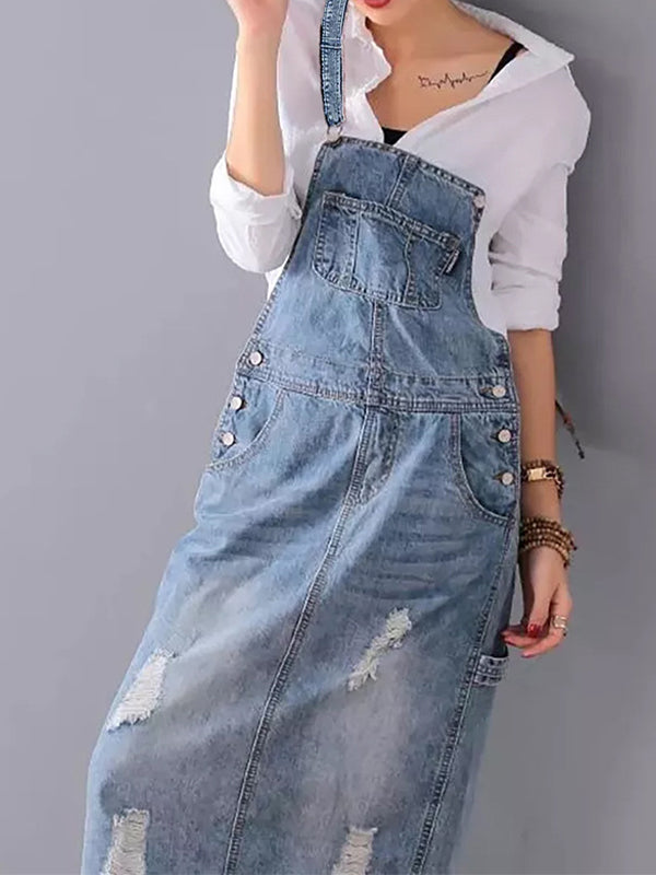 Thordvela | Dame Latzkleid Jeans Maxi Distressed - Blue - Image 5