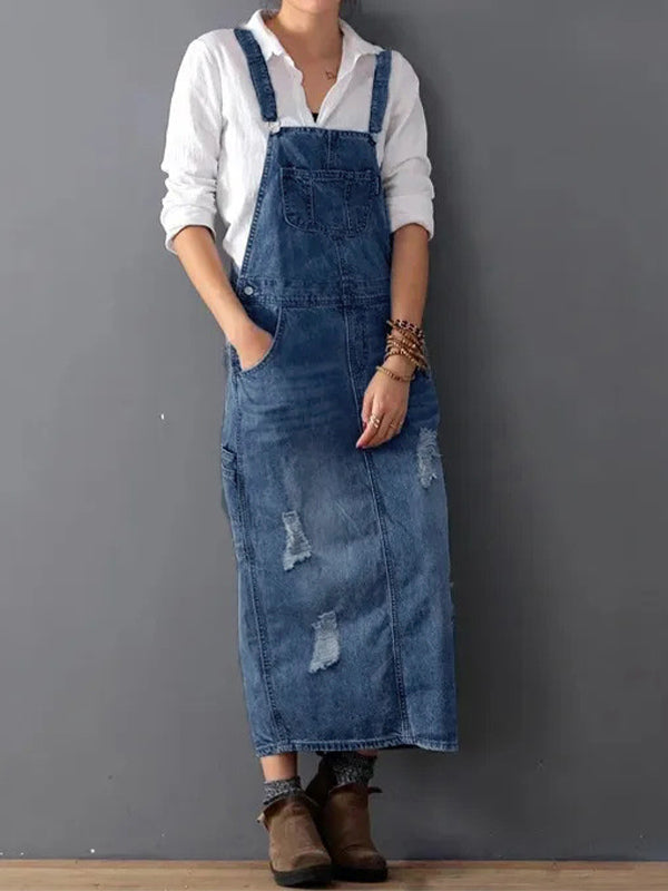Thordvela | Dame Latzkleid Jeans Maxi Distressed - Blue - Image 8