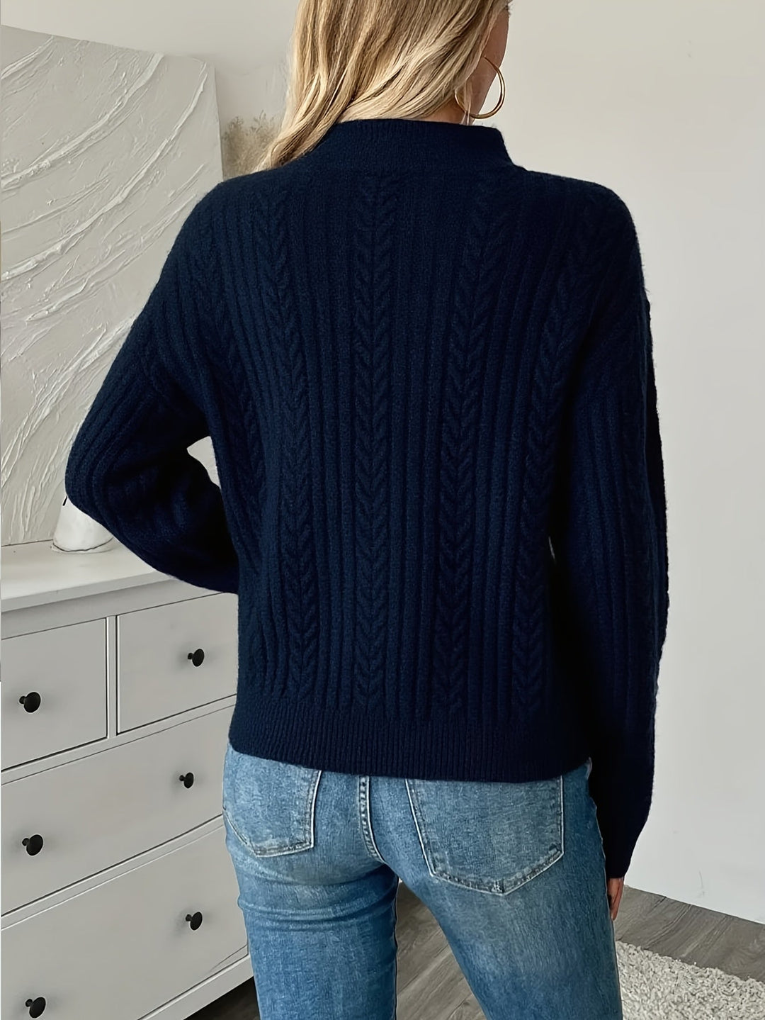 Torunn | Dame striktrøje med kvart lynlås - Navy - Image 3
