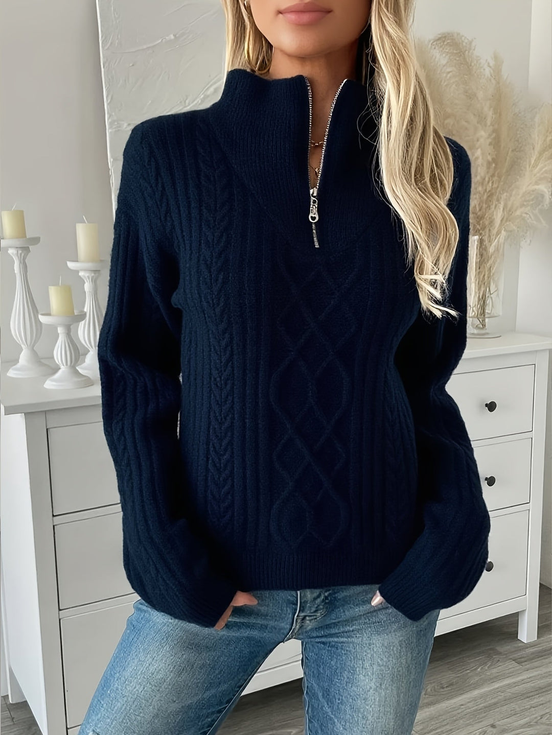 Torunn | Dame striktrøje med kvart lynlås - Navy - Image 4