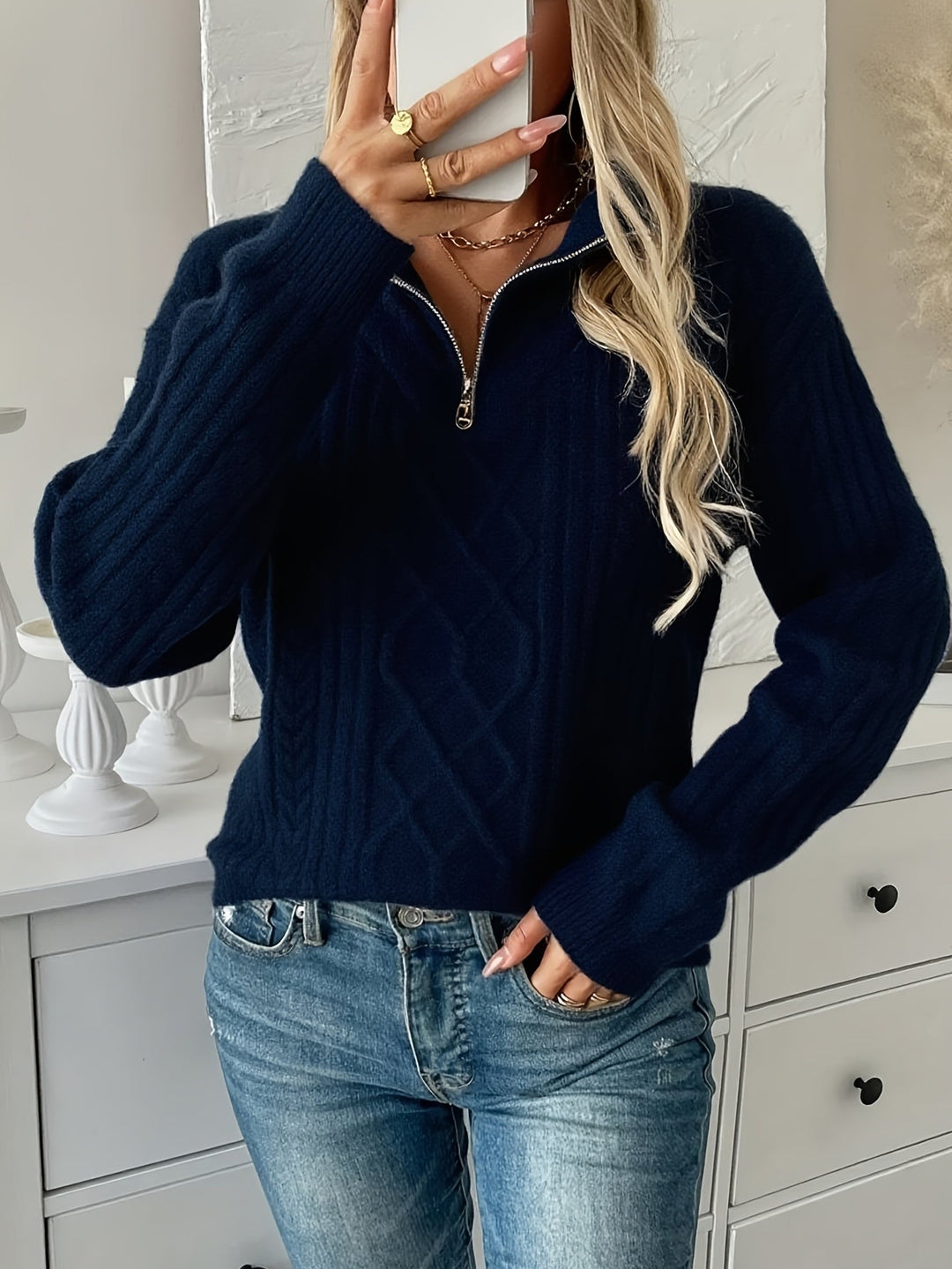 Torunn | Dame striktrøje med kvart lynlås - Navy - Image 7