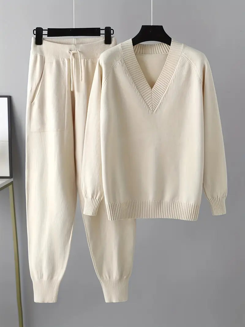 Valdine | Dame Strik Loungeset med Joggers - Cream - Image 1