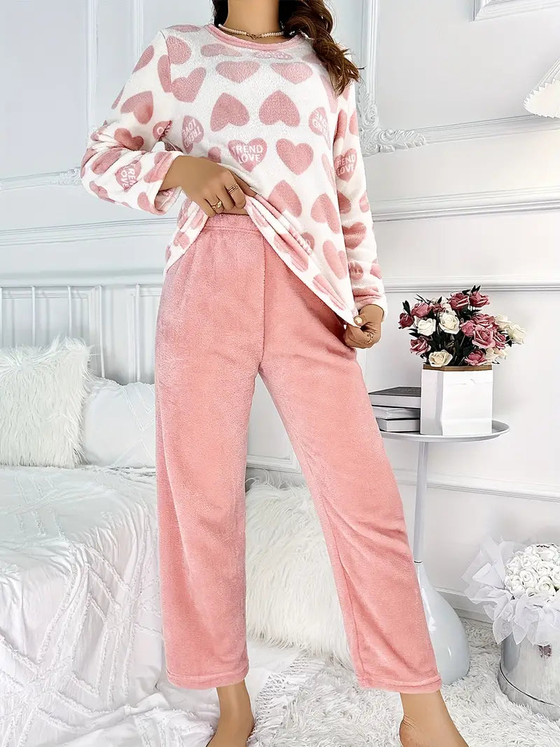 Veldis | Dame Fleece Pyjamassæt Hjerteprint - Pink - Image 2