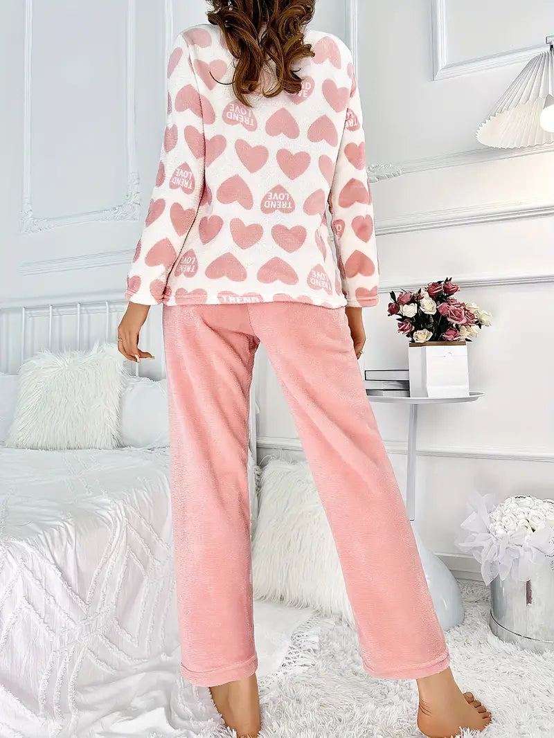 Veldis | Dame Fleece Pyjamassæt Hjerteprint - Pink - Image 3