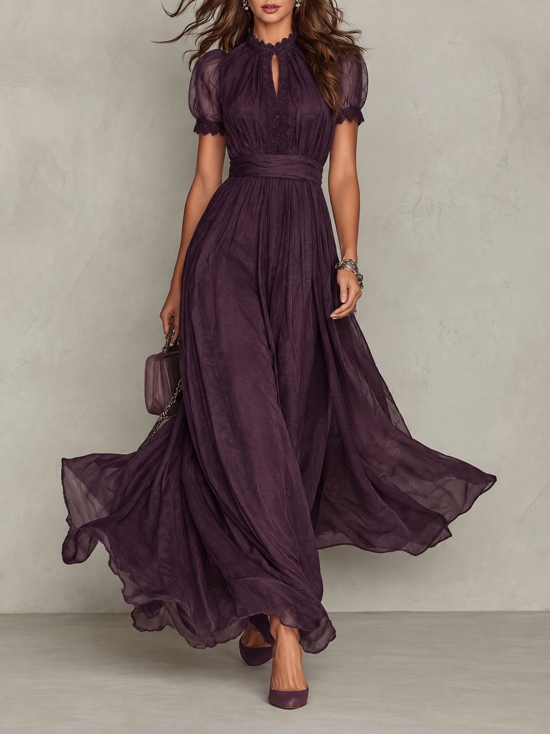 Velindra | Dame Lang Kjole med Blondedetaljer - Plum - Image 1