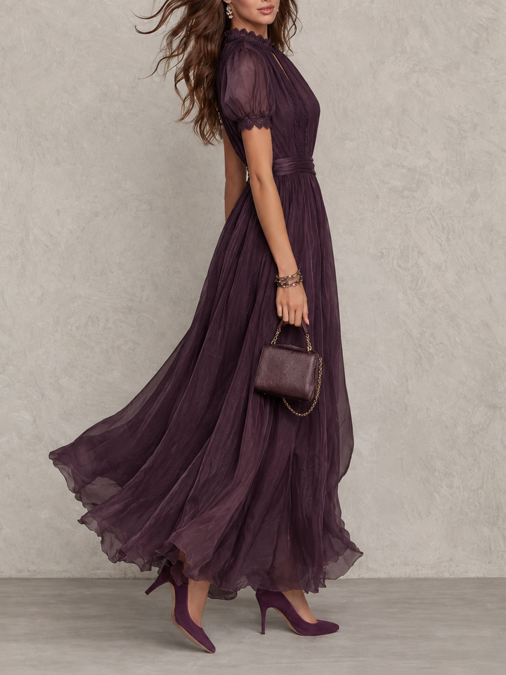 Velindra | Dame Lang Kjole med Blondedetaljer - Plum - Image 2