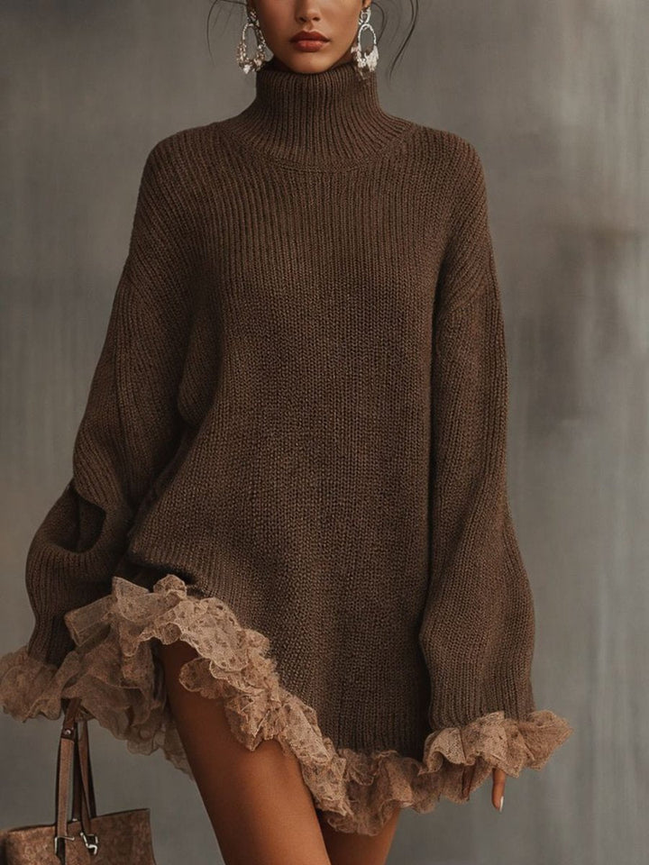 Vellava | Dame Strikket Sweater Kjole Med Blondekant - Brown - Image 1