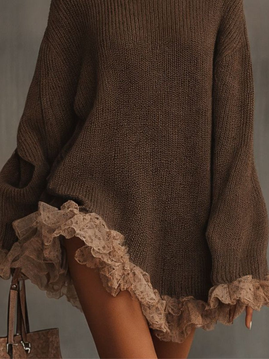 Vellava | Dame Strikket Sweater Kjole Med Blondekant - Brown - Image 2