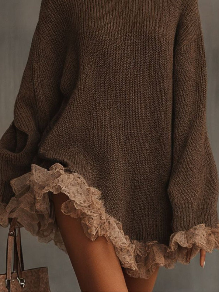 Vellava | Dame Strikket Sweater Kjole Med Blondekant - Brown - Image 2
