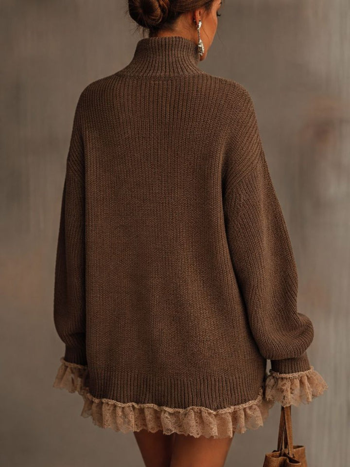 Vellava | Dame Strikket Sweater Kjole Med Blondekant - Brown - Image 3