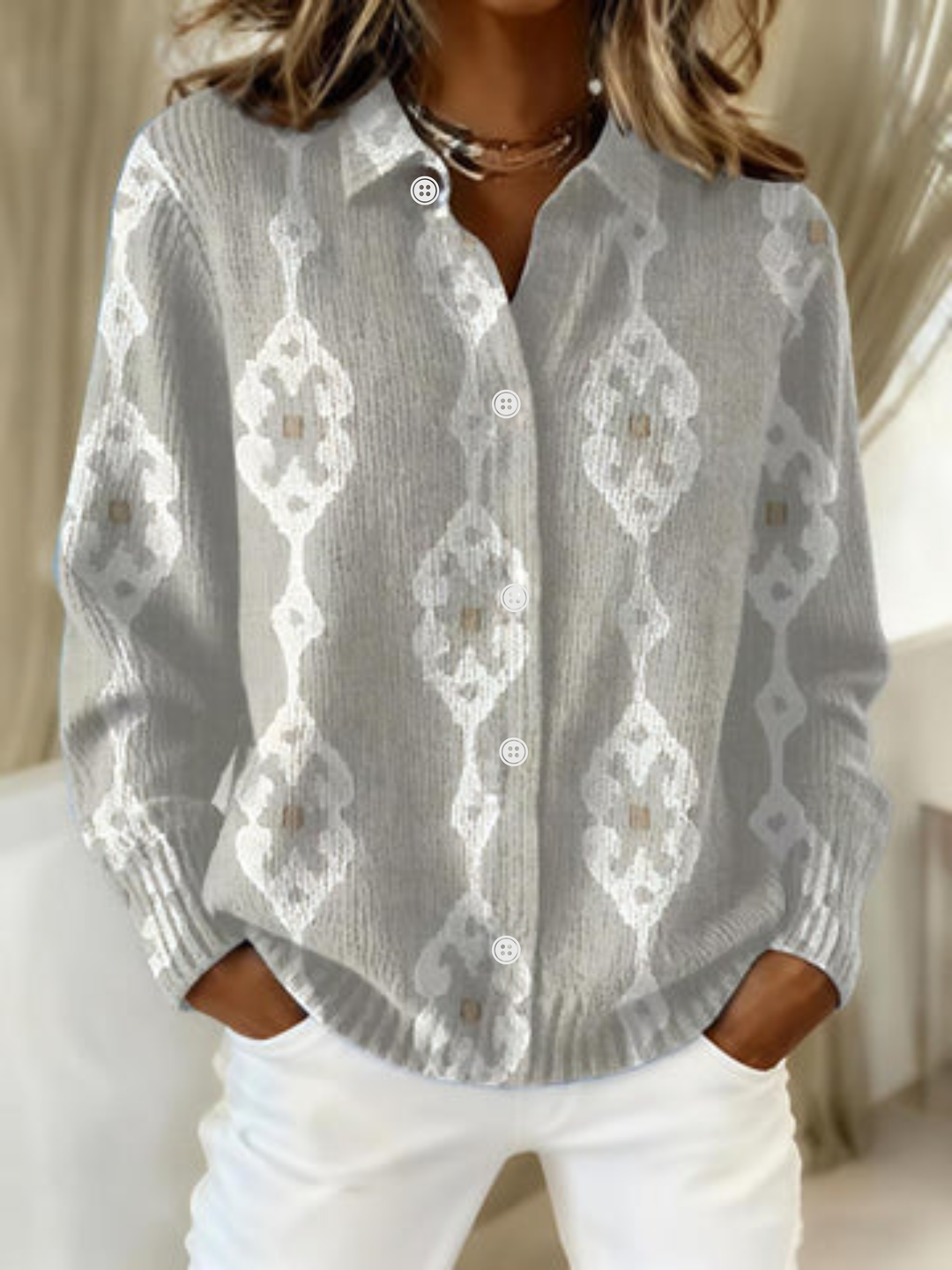 Vellind | Dame Strikbluse Geometrisk Mønster - Light Grey - Image 1