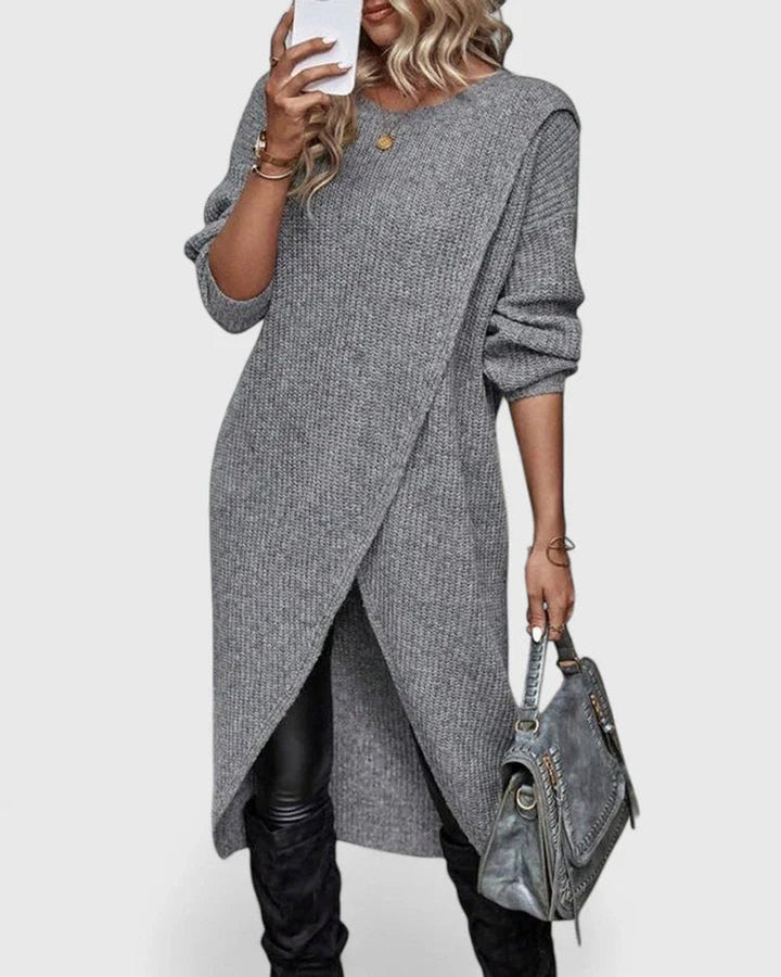 Vellora | Dame Strik Kjole Asymmetrisk Hem - Grey - Image 1