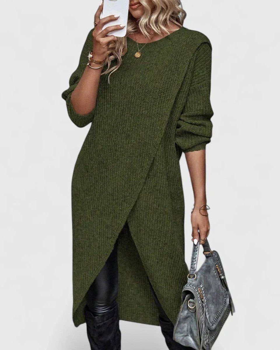 Vellora | Dame Strik Kjole Asymmetrisk Hem - Grey - Image 2