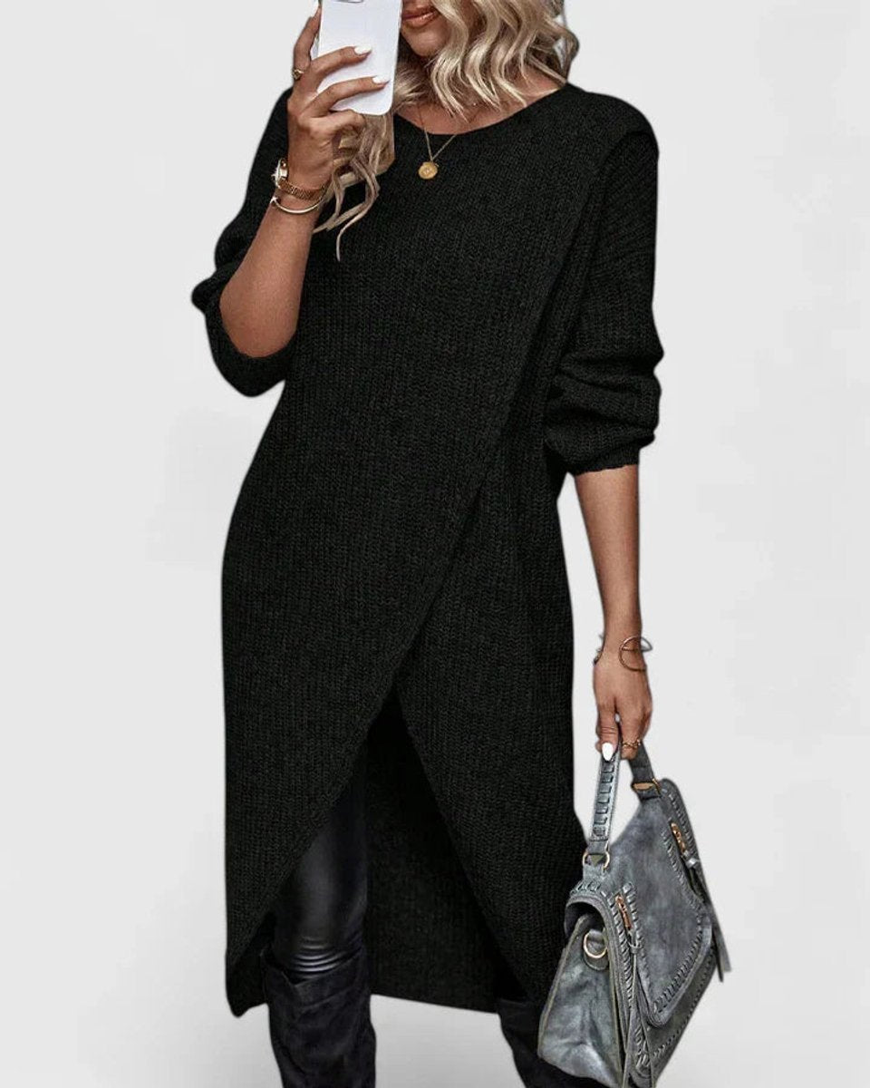 Vellora | Dame Strik Kjole Asymmetrisk Hem - Grey - Image 4