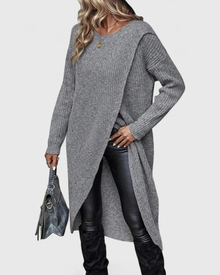 Vellora | Dame Strik Kjole Asymmetrisk Hem - Grey - Image 5