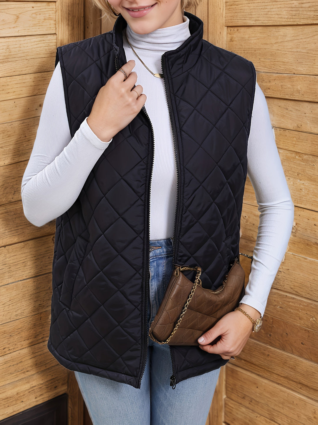 Vilda | Dame Quiltet Vest Vinterjakke Lang - Black - Image 4