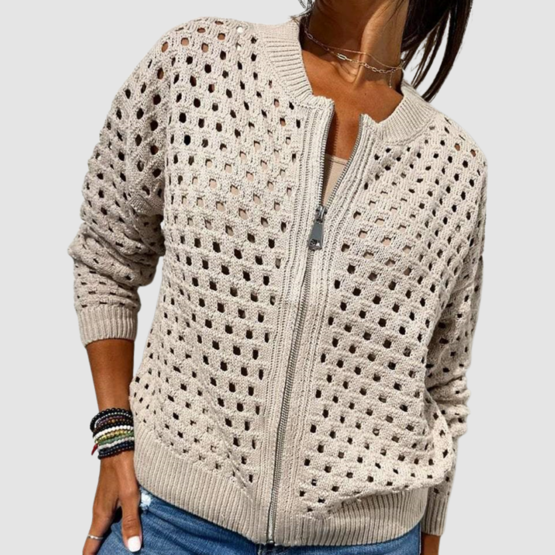 Vordane | Women's Hollow Knit Zip-Up Cardigan - Beige - Image 1