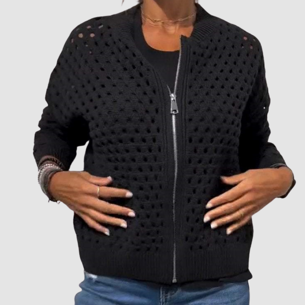 Vordane | Women's Hollow Knit Zip-Up Cardigan - Beige - Image 2