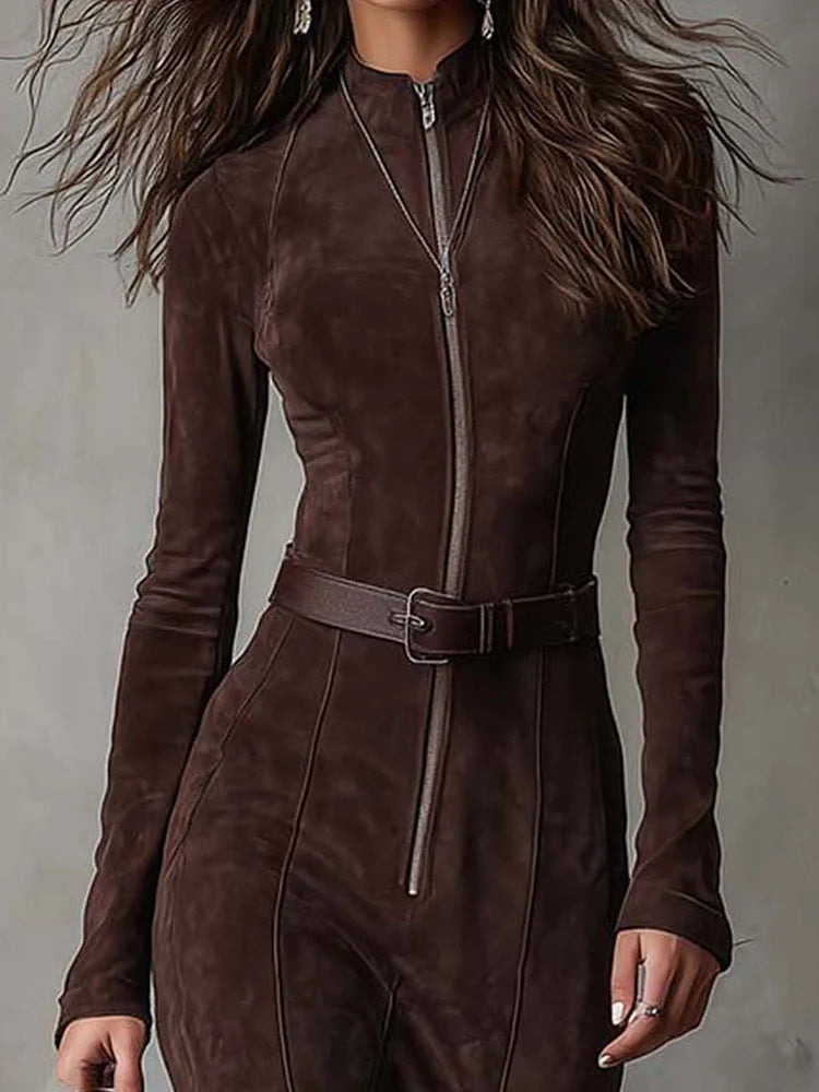 Vordike | Dame Ruskind Maxi Kjole med Lynlås - Dark Brown - Image 2