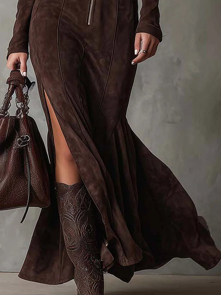 Vordike | Dame Ruskind Maxi Kjole med Lynlås - Dark Brown - Image 3