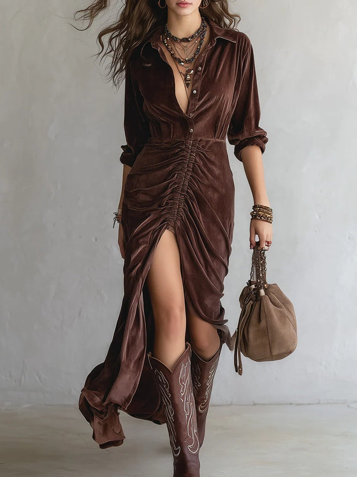 Vordla | Dame Fløjlskjole Maxi med Slids - Dark Brown - Image 1